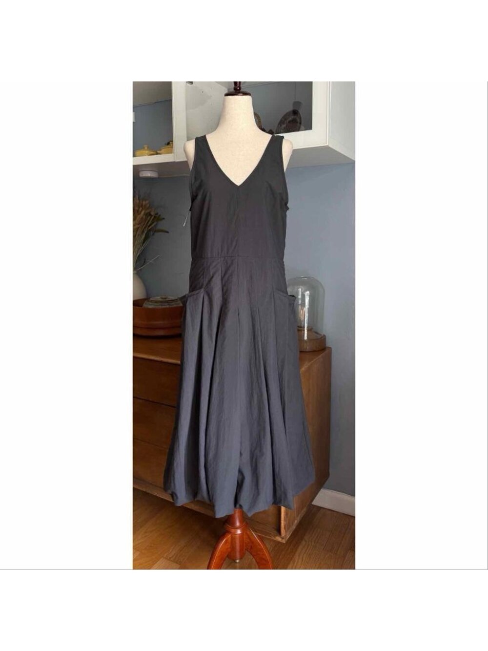 FM2050 Grey A-Line Midi Dress Pockets Lagenlook Minimalist Size M